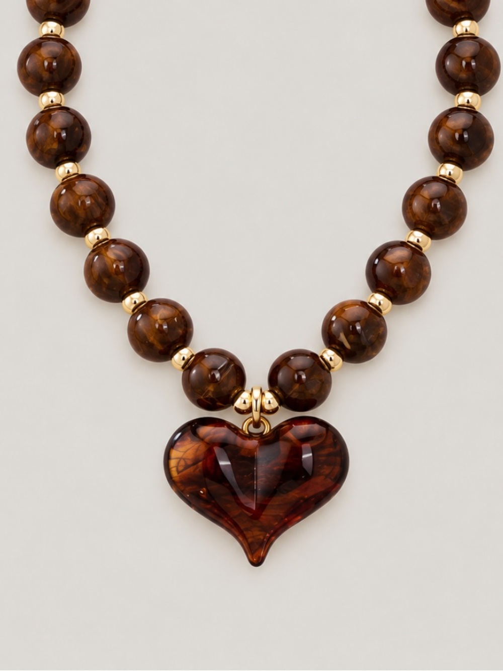 New! Brown Amber Beaded Heart Necklace NWOT